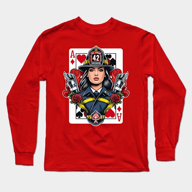 Woman Firefighter Playing Card Ace Of Diamonds Long Sleeve T-Shirt by Dmytro